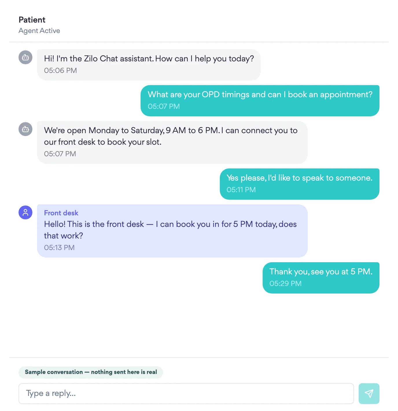The Live Inbox showing one thread: the bot's greeting, a patient asking to speak to someone, and a front desk reply, all in order