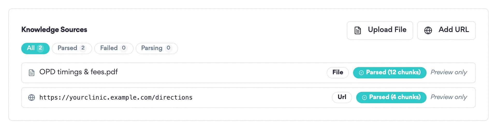 Knowledge sources: an uploaded PDF and a web page, both parsed and ready for the assistant to answer from