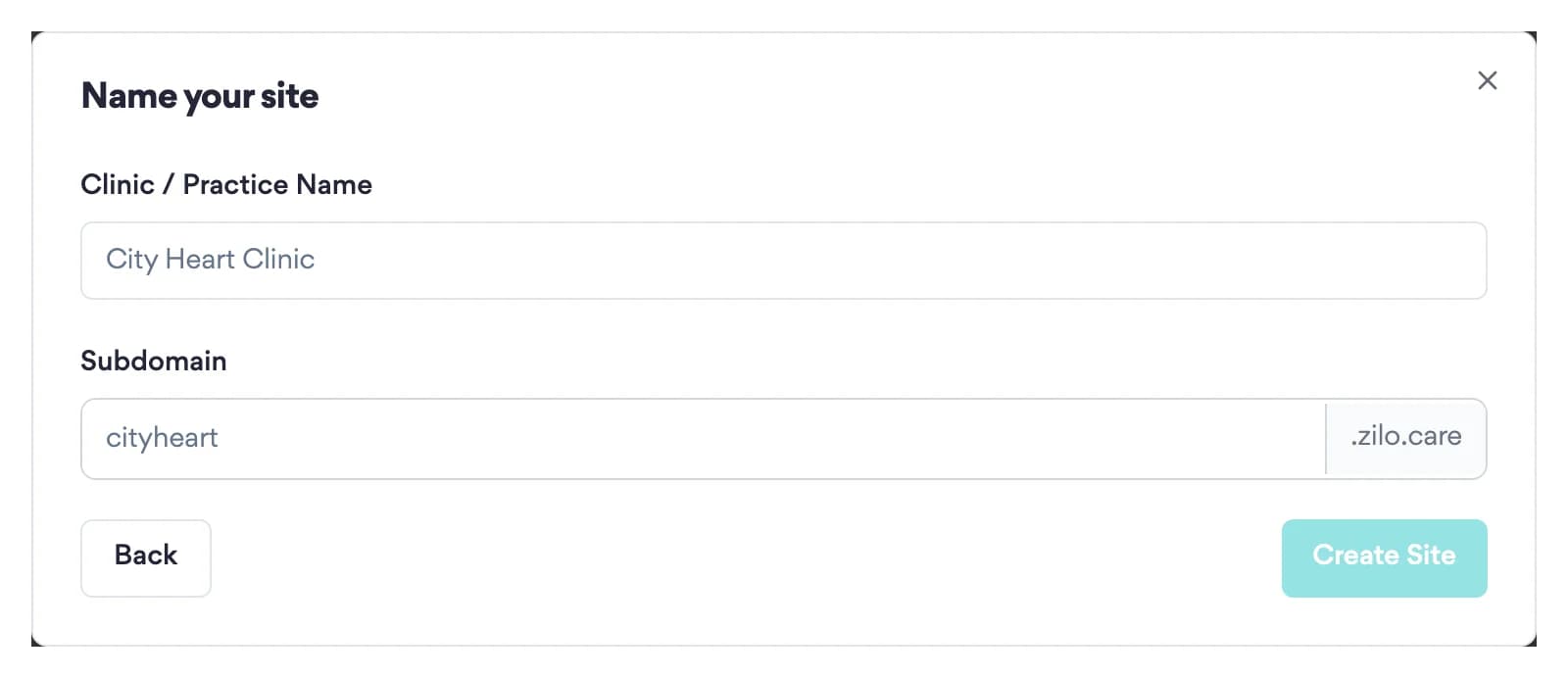 The final step: a clinic name field and a subdomain field ending in .zilo.care, with a Create Site button