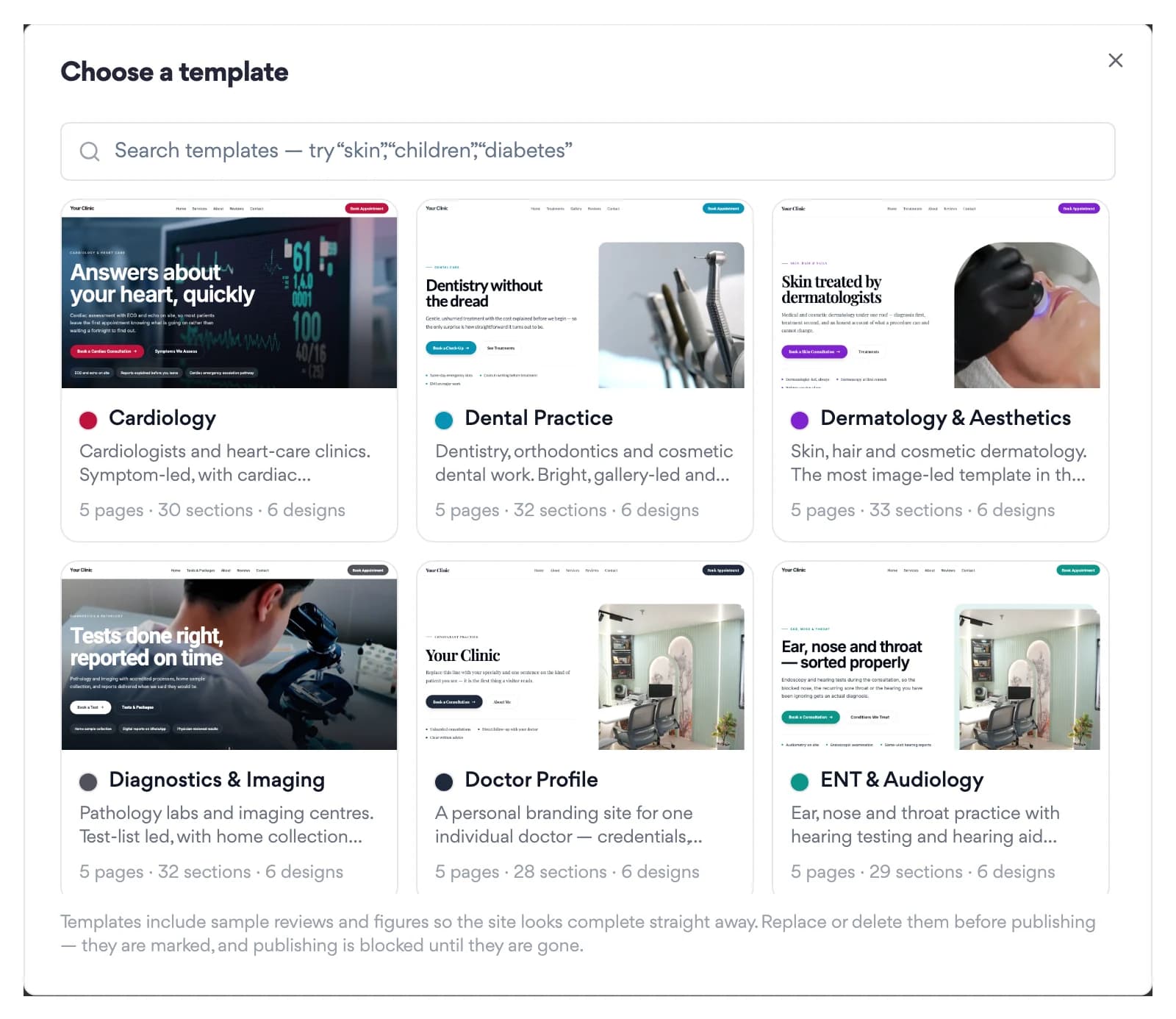 The New Site dialog's template step: a searchable grid of specialty templates such as Cardiology, Dental Practice, Dermatology, Diagnostics, Doctor Profile and ENT, each showing its page count and section count